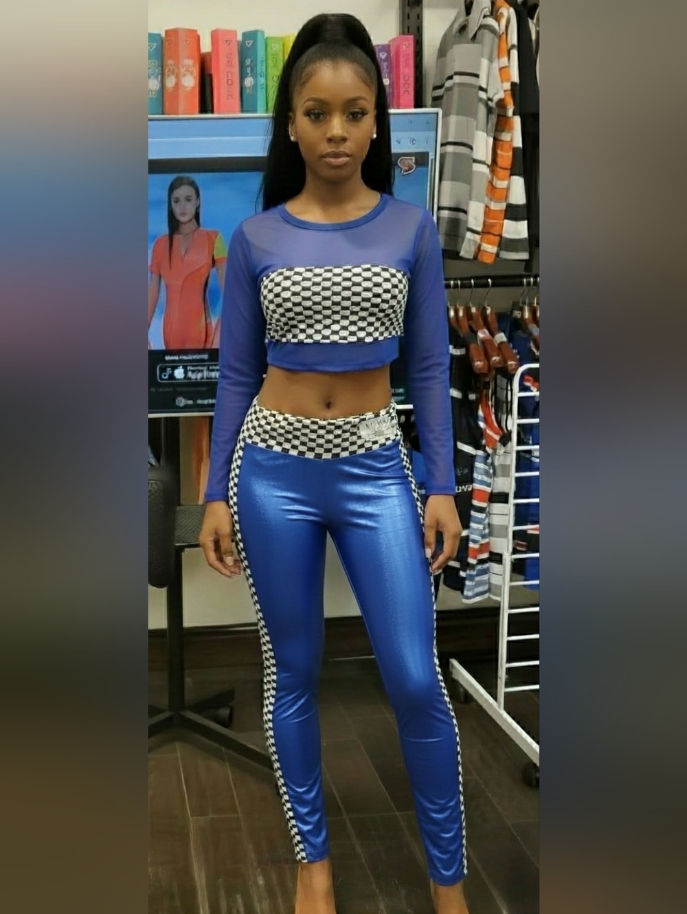 TRUE ROCK Metallic Blue High-Waist Leggings with Checker Trim